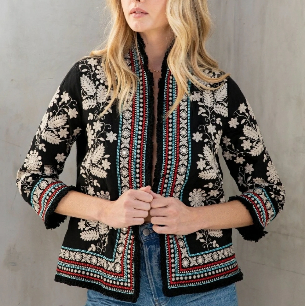 lovestitch Black Embroidered Open Front Jacket with Cream & Teal Accents
